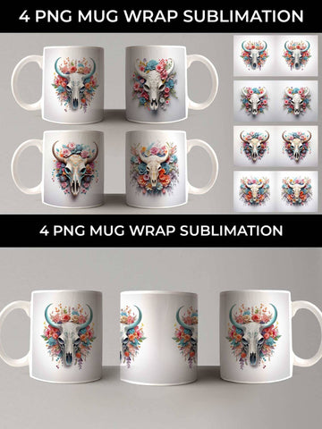 3d Floral Fantasy Bull Skull Mug Sublimation PNG Bundle Free For Commercial Use Sublimation Sintegra 