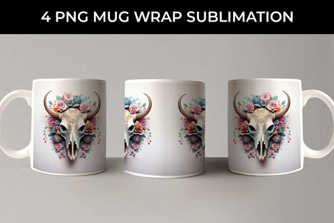 3d Floral Fantasy Bull Skull Mug Sublimation PNG Bundle Free For Commercial Use Sublimation Sintegra 