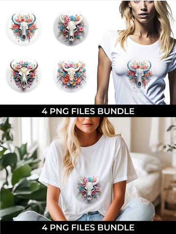 3d Floral Fantasy Bull Skull T-shirt Sublimation PNG Bundle Sublimation Sintegra 