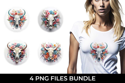 3d Floral Fantasy Bull Skull T-shirt Sublimation PNG Bundle Sublimation Sintegra 
