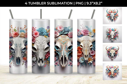 3d Floral Fantasy Bull Skull Tumbler Wrap Sublimation PNG Bundle Free For Commercial Use Sublimation Sintegra 