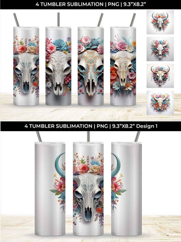 3d Floral Fantasy Bull Skull Tumbler Wrap Sublimation PNG Bundle Free For Commercial Use Sublimation Sintegra 