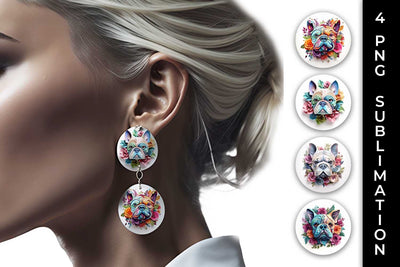 3D Floral Fantasy Bulldog Earrings Sublimation PNG Bundle Free For Commercial Use Sublimation Sintegra 
