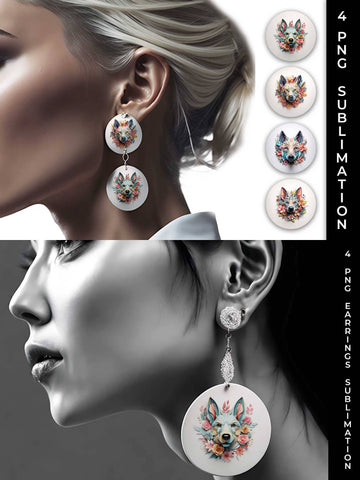 3D Floral Fantasy German Shepherd Earrings Sublimation PNG Bundle Free For Commercial Use Sublimation Sintegra 