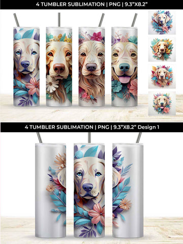 3d Floral Fantasy Golden Retriever Tumbler Wrap Sublimation PNG Bundle Free For Commercial Use Sublimation Sintegra 