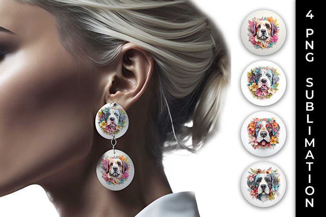 3D Floral Fantasy Saint Bernard Earrings Sublimation PNG Bundle Free For Commercial Use Sublimation Sintegra 