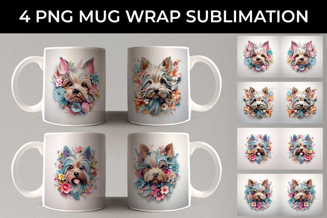 3D Floral Fantasy Yorkshire Terrier Mug Sublimation PNG Bundle Free For Commercial Use Sublimation Sintegra 