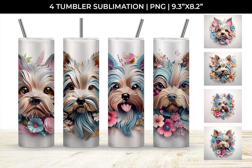 3d Floral Fantasy Yorkshire Terrier Tumbler Wrap Sublimation PNG Bundle ...