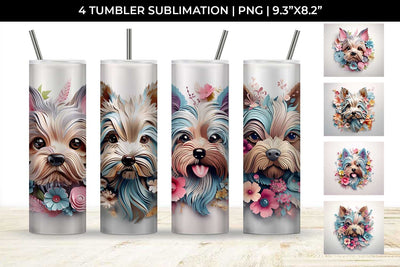 3d Floral Fantasy Yorkshire Terrier Tumbler Wrap Sublimation PNG Bundle Free For Commercial Use Sublimation Sintegra 