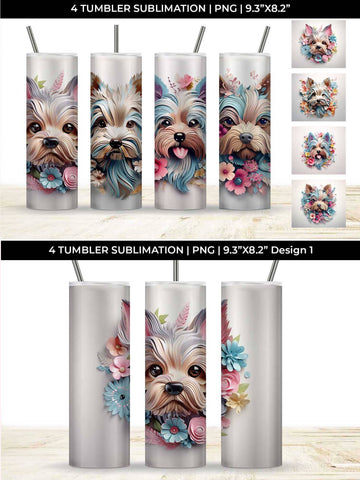 3d Floral Fantasy Yorkshire Terrier Tumbler Wrap Sublimation PNG Bundle Free For Commercial Use Sublimation Sintegra 