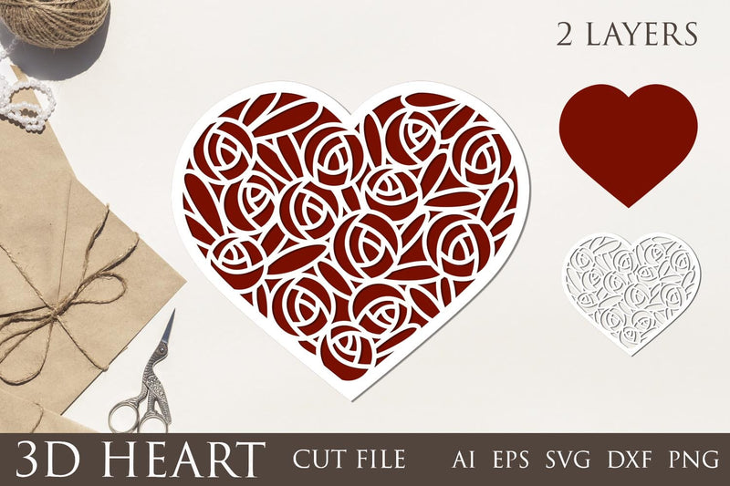 3d floral heart svg, Layered heart papercut, Valentines day svg 3D Paper AnastasiyaArtDesign 