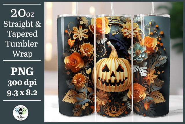 3D Floral Jack-o-lantern Tumbler Wrap | Pumpkin and Flowers Sublimation B Renee Design 