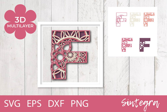 3D Floral Letter F Mandala Multilayer SVG Cut File Free For Commercial Use 3D Paper Sintegra 