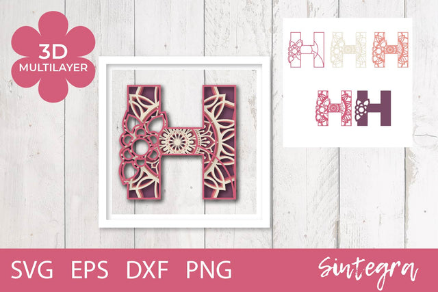 3D Floral Letter H Mandala Multilayer SVG Cut File Free For Commercial Use 3D Paper Sintegra 