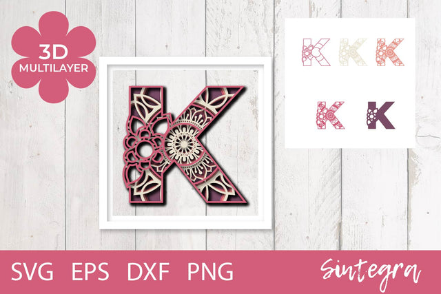 3D Floral Letter K Mandala Multilayer SVG Cut File Free For Commercial Use 3D Paper Sintegra 