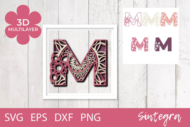 3D Floral Letter M Mandala Multilayer SVG Cut File Free For Commercial Use 3D Paper Sintegra 
