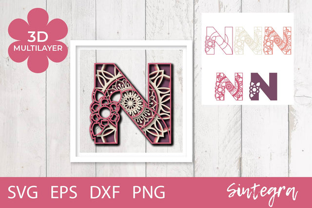3D Floral Letter N Mandala Multilayer SVG Cut File Free For Commercial Use 3D Paper Sintegra 