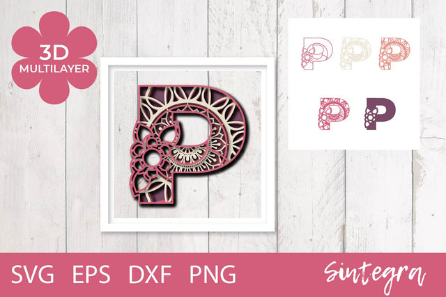 3D Floral Letter P Mandala Multilayer SVG Cut File Free For Commercial Use 3D Paper Sintegra 