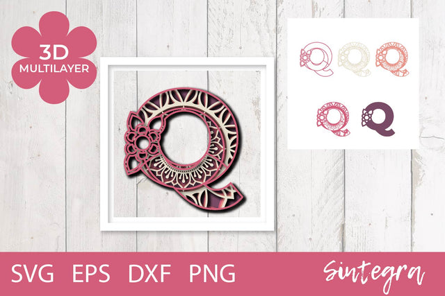3D Floral Letter Q Mandala Multilayer SVG Cut File Free For Commercial Use 3D Paper Sintegra 