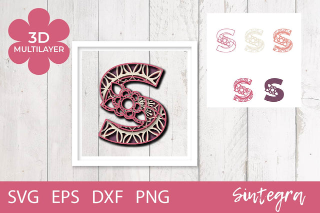 3D Floral Letter S Mandala Multilayer SVG Cut File Free For Commercial Use 3D Paper Sintegra 