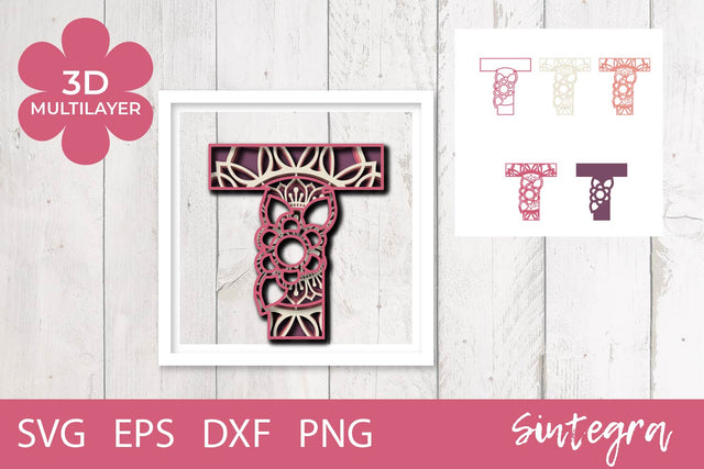 3D Floral Letter T Mandala Multilayer SVG Cut File Free For Commercial Use 3D Paper Sintegra 