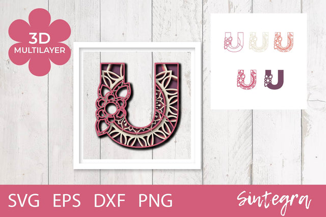 3D Floral Letter U Mandala Multilayer SVG Cut File Free For Commercial Use 3D Paper Sintegra 