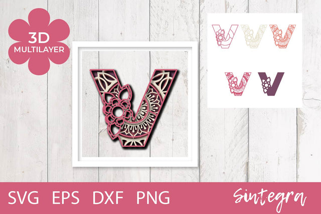3D Floral Letter V Mandala Multilayer SVG Cut File Free For Commercial Use 3D Paper Sintegra 