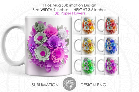 3D Floral mug showing paper flowers for 11oz Sublimation Artisan Craft SVG 