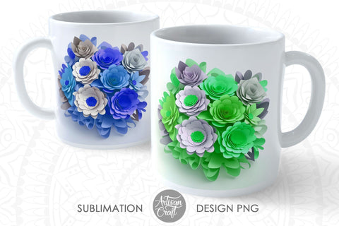 3D Floral mug showing paper flowers for 11oz Sublimation Artisan Craft SVG 