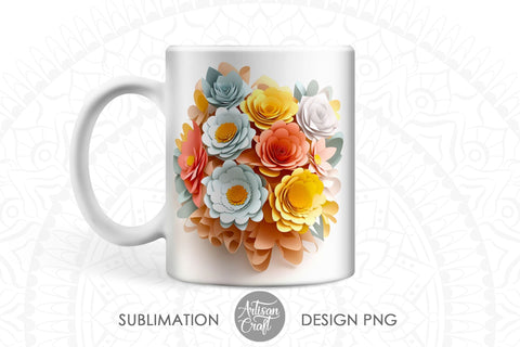 3D Floral mug showing paper flowers for 11oz Sublimation Artisan Craft SVG 