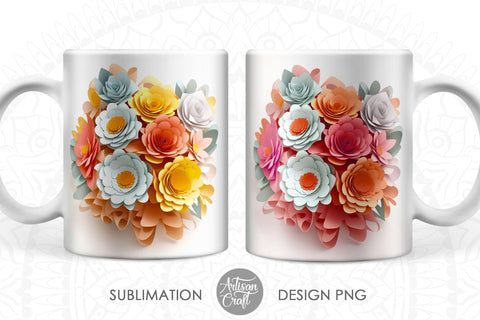 3D Floral mug showing paper flowers for 11oz Sublimation Artisan Craft SVG 