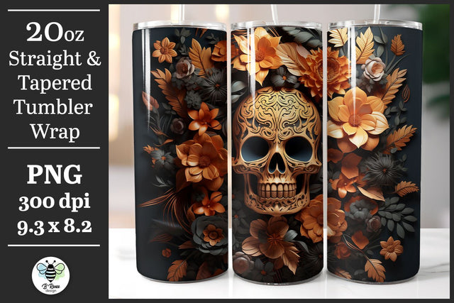 3D Floral Skull Tumbler Wrap | 20oz Tumbler Sublimation Design Sublimation B Renee Design 