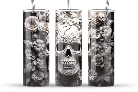 3D Floral Skull Tumbler Wrap | Halloween 20oz Tumbler PNG Sublimation B Renee Design 