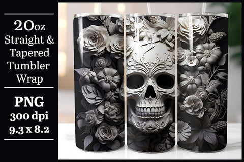 3D Floral Skull Tumbler Wrap | Halloween 20oz Tumbler PNG Sublimation B Renee Design 