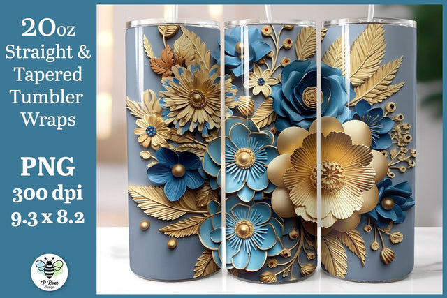 3D Floral Tumbler Wrap | Blue and Gold Flowers PNG Sublimation B Renee Design 