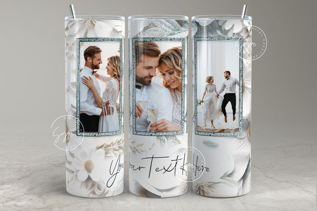 3D Floral White Photo Tumbler Png, Wedding Tumbler Wrap, 3 Photo Design, Add Your Own Text, Floral 20 oz Skinny Tumbler Sublimation wrap PNG Sublimation Syre Digital Creations 