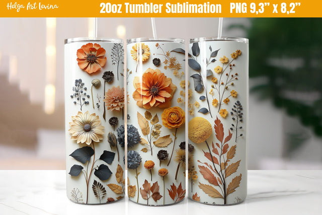 3D Flower 20 OZ Skinny Tumbler Sublimation | Herbarium PNG Sublimation Helga Art 