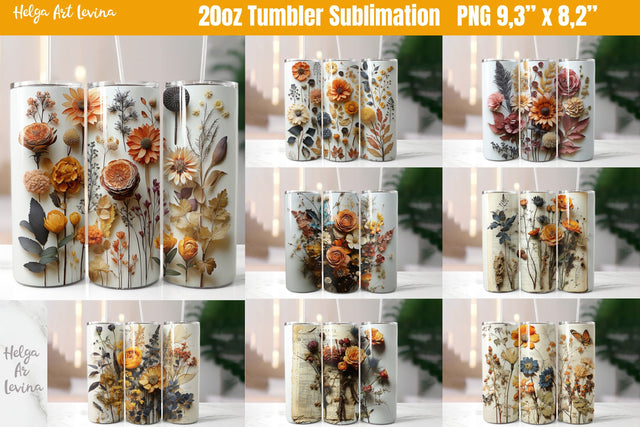 3D Flower 20 OZ Skinny Tumbler Sublimation | Herbarium PNG Sublimation Helga Art 