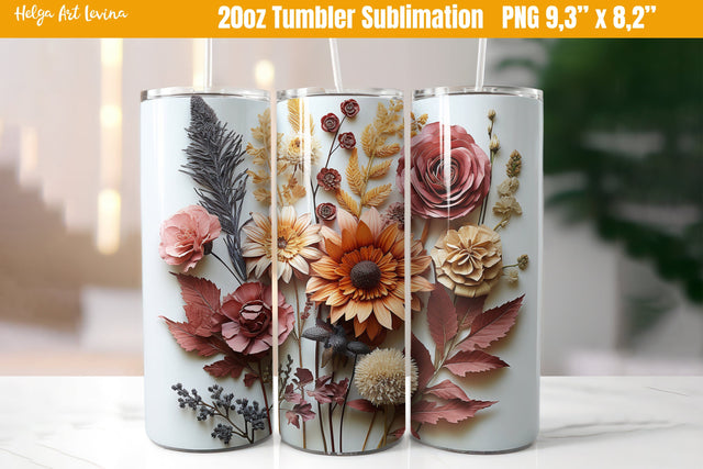 3D Flower 20 OZ Skinny Tumbler Sublimation | Herbarium PNG Sublimation Helga Art 