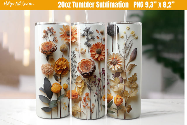 3D Flower 20 OZ Skinny Tumbler Sublimation | Herbarium PNG Sublimation Helga Art 