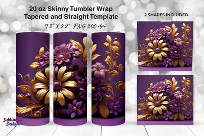 3D Flower Arrangement with Purple & Gold Flowers Tumbler Wrap Sublimation Sublimatiz Designs 