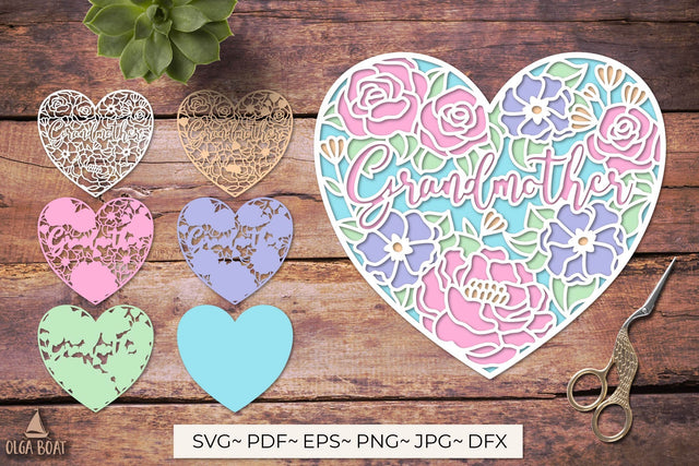 3d Flower Heart with Grandmother, Grandmother birthday card SVG Olga Boat Design 
