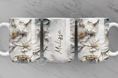 3D Flower Mug, Add Your Own Text, White Floral Mug, Wedding Mug Design, 3D Mural Mug, 11 & 15 Oz Mug Sublimation Wrap, Digital Sublimation Syre Digital Creations 