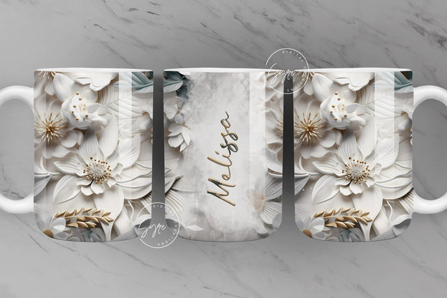 3D Flower Mug, Add Your Own Text, White Floral Mug, Wedding Mug Design, 3D Mural Mug, 11 & 15 Oz Mug Sublimation Wrap, Digital Sublimation Syre Digital Creations 