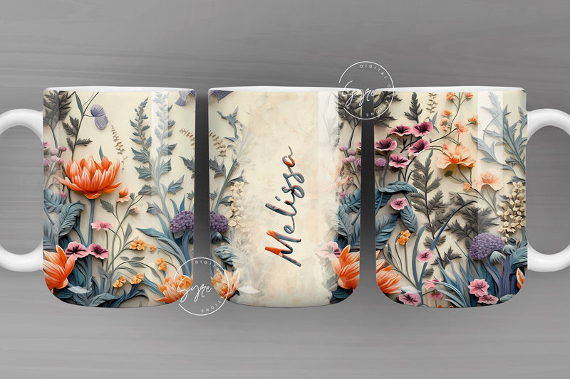 3D Flower Mug, Add Your Own Text, Wild Flower Mug, Wedding Mug Desig, Floral Mug PNG, 3D Mural Mug, 11 & 15 Oz Mug Sublimation Wrap, Digital Sublimation Syre Digital Creations 