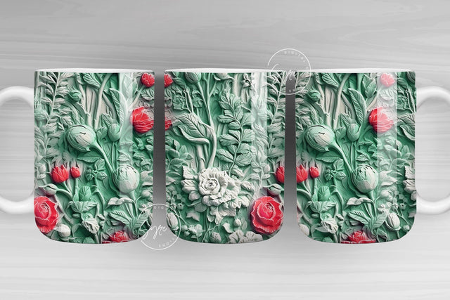 3D Flower Mug, Green Floral Mug, Wedding Mug Design, Floral Mug PNG, 3D Mural Mug, 11 & 15 Oz Mug Sublimation Wrap, Digital Download Sublimation Syre Digital Creations 