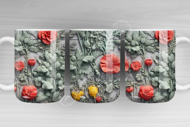 3D Flower Mug, Green Floral Mug, Wedding Mug Design, Floral Mug PNG, 3D Mural Mug, 11 & 15 Oz Mug Sublimation Wrap, Digital Download Sublimation Syre Digital Creations 