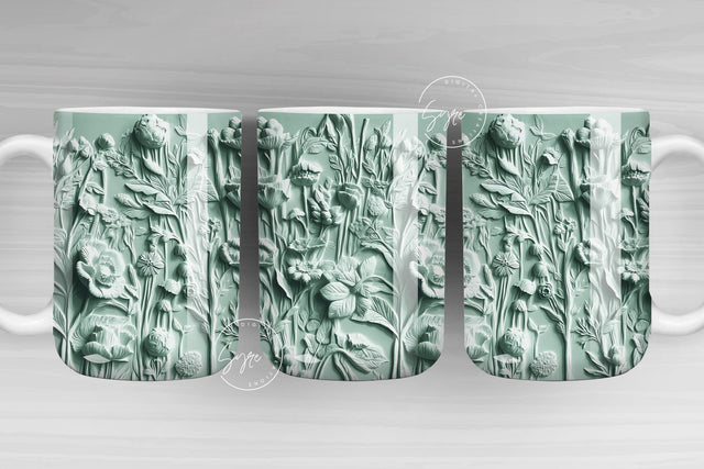 3D Flower Mug, Green Floral Mug, Wedding Mug Design, Floral Mug PNG, 3D Mural Mug, 11 & 15 Oz Mug Sublimation Wrap, Digital Download Sublimation Syre Digital Creations 