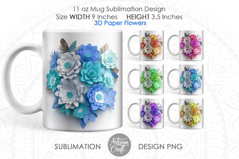 3D flower mug sublimation wrap, 3D paper flowers, 11oz mug template Sublimation Artisan Craft SVG 