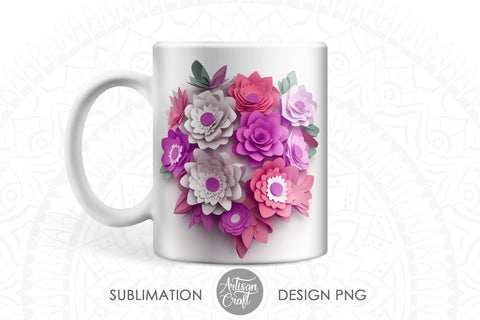 3D flower mug sublimation wrap, 3D paper flowers, 11oz mug template Sublimation Artisan Craft SVG 